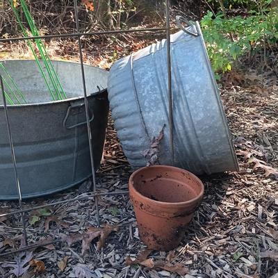 LOT 234: Garden Collection- Galvanized Metal Buckets, Enamel Bucket, Metal Plant Stand, Tomato Cages & More