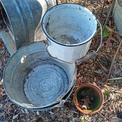 LOT 234: Garden Collection- Galvanized Metal Buckets, Enamel Bucket, Metal Plant Stand, Tomato Cages & More