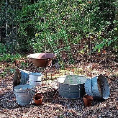 LOT 234: Garden Collection- Galvanized Metal Buckets, Enamel Bucket, Metal Plant Stand, Tomato Cages & More