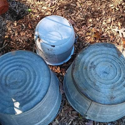 LOT 234: Garden Collection- Galvanized Metal Buckets, Enamel Bucket, Metal Plant Stand, Tomato Cages & More