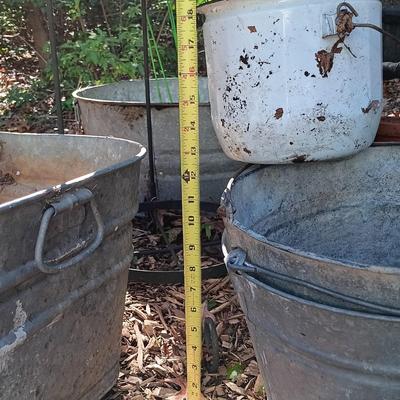 LOT 234: Garden Collection- Galvanized Metal Buckets, Enamel Bucket, Metal Plant Stand, Tomato Cages & More