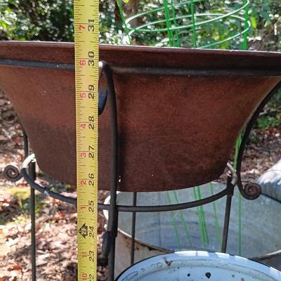 LOT 234: Garden Collection- Galvanized Metal Buckets, Enamel Bucket, Metal Plant Stand, Tomato Cages & More