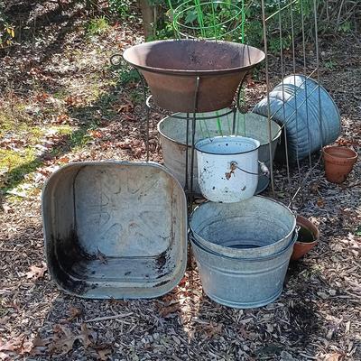 LOT 234: Garden Collection- Galvanized Metal Buckets, Enamel Bucket, Metal Plant Stand, Tomato Cages & More