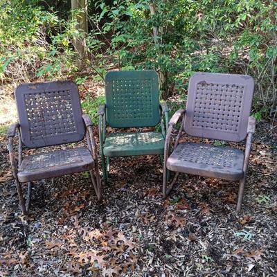 LOT 235: Set of (3) Vintage Metal Rocking Chairs, (2) Metal Lawn Chairs & (2) Metal and Glass Side Tables