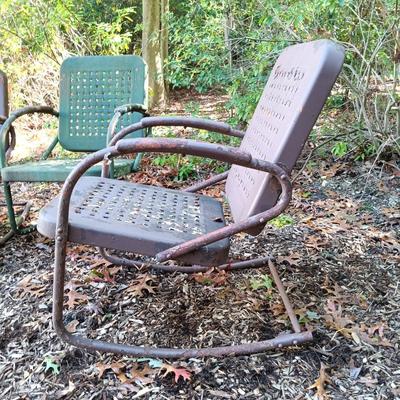 LOT 235: Set of (3) Vintage Metal Rocking Chairs, (2) Metal Lawn Chairs & (2) Metal and Glass Side Tables