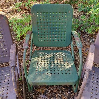 LOT 235: Set of (3) Vintage Metal Rocking Chairs, (2) Metal Lawn Chairs & (2) Metal and Glass Side Tables