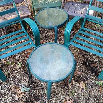 LOT 235: Set of (3) Vintage Metal Rocking Chairs, (2) Metal Lawn Chairs & (2) Metal and Glass Side Tables