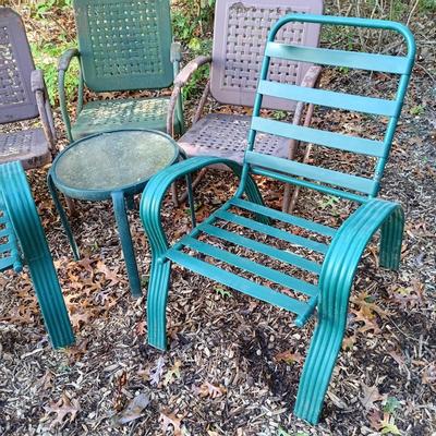 LOT 235: Set of (3) Vintage Metal Rocking Chairs, (2) Metal Lawn Chairs & (2) Metal and Glass Side Tables