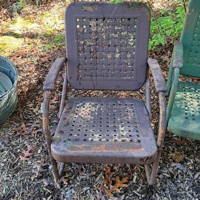 LOT 235: Set of (3) Vintage Metal Rocking Chairs, (2) Metal Lawn Chairs & (2) Metal and Glass Side Tables