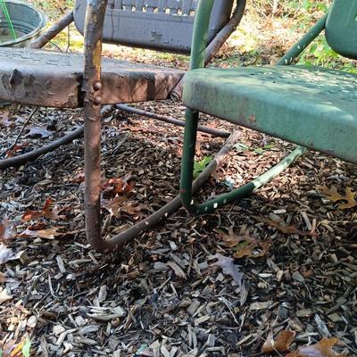 LOT 235: Set of (3) Vintage Metal Rocking Chairs, (2) Metal Lawn Chairs & (2) Metal and Glass Side Tables