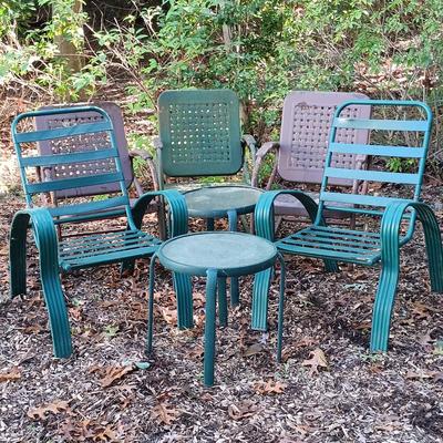 LOT 235: Set of (3) Vintage Metal Rocking Chairs, (2) Metal Lawn Chairs & (2) Metal and Glass Side Tables