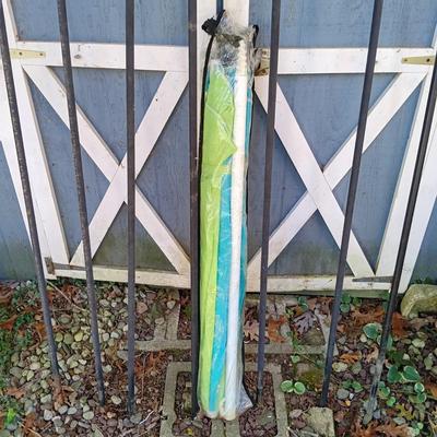 LOT 238: Set of (7) Tiki Torches, 7.5ft Steel Umbrella & Beach Chairs