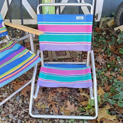 LOT 238: Set of (7) Tiki Torches, 7.5ft Steel Umbrella & Beach Chairs