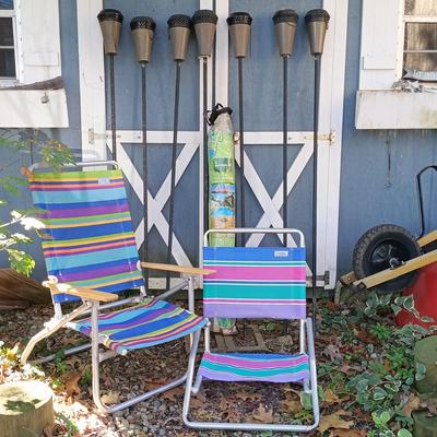 LOT 238: Set of (7) Tiki Torches, 7.5ft Steel Umbrella & Beach Chairs