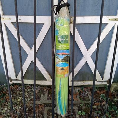 LOT 238: Set of (7) Tiki Torches, 7.5ft Steel Umbrella & Beach Chairs