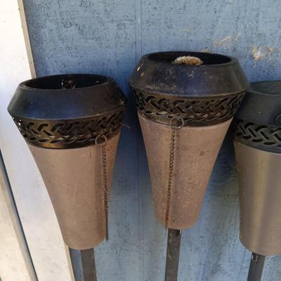 LOT 238: Set of (7) Tiki Torches, 7.5ft Steel Umbrella & Beach Chairs