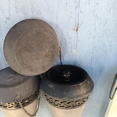 LOT 238: Set of (7) Tiki Torches, 7.5ft Steel Umbrella & Beach Chairs