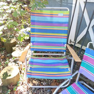 LOT 238: Set of (7) Tiki Torches, 7.5ft Steel Umbrella & Beach Chairs