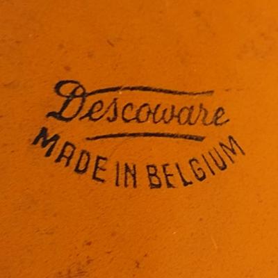 Sale Photo Thumbnail #540: Vintage Descoware Belgian Enameled Cast Iron Dutch Oven with Lid.  Item has some chipping of finish.