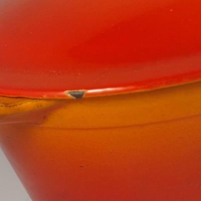 Sale Photo Thumbnail #537: Vintage Descoware Belgian Enameled Cast Iron Dutch Oven with Lid.  Item has some chipping of finish.