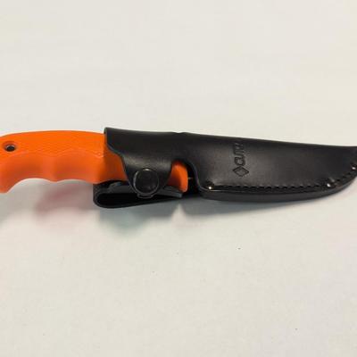 CUTCO Model 5717 Orange Straight Edge Gut Hook Hunting Knife w/ Leather Sheath