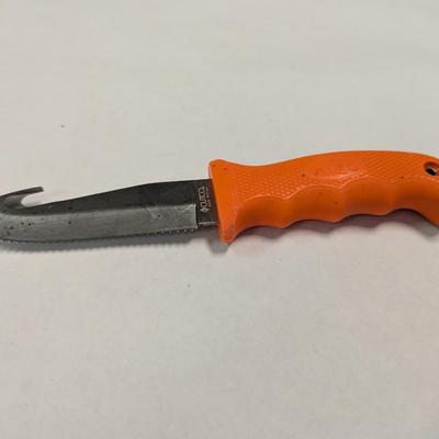 CUTCO Model 5717 Orange Straight Edge Gut Hook Hunting Knife w/ Leather Sheath
