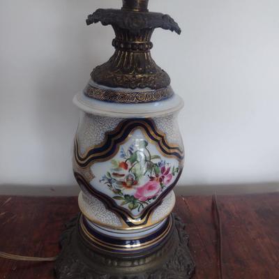 Sale Photo Thumbnail #551: Pair of Antique Porcelain Table Lamps with Shades- Double Bulb- Possibly French Bayeux.
