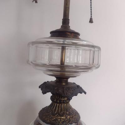 Sale Photo Thumbnail #552: Pair of Antique Porcelain Table Lamps with Shades- Double Bulb- Possibly French Bayeux.
