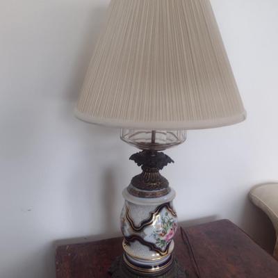 Sale Photo Thumbnail #556: Pair of Antique Porcelain Table Lamps with Shades- Double Bulb- Possibly French Bayeux.