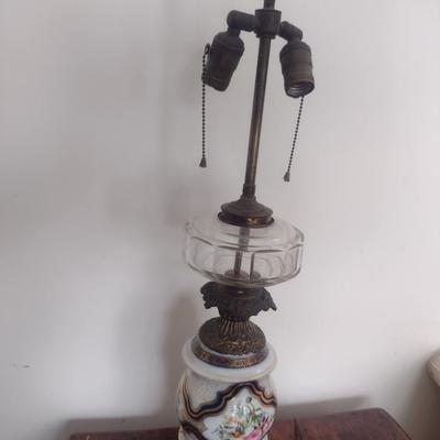 Sale Photo Thumbnail #550: Pair of Antique Porcelain Table Lamps with Shades- Double Bulb- Possibly French Bayeux.