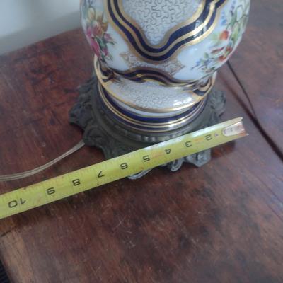 Sale Photo Thumbnail #558: Pair of Antique Porcelain Table Lamps with Shades- Double Bulb- Possibly French Bayeux.