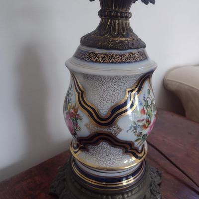 Sale Photo Thumbnail #554: Pair of Antique Porcelain Table Lamps with Shades- Double Bulb- Possibly French Bayeux.