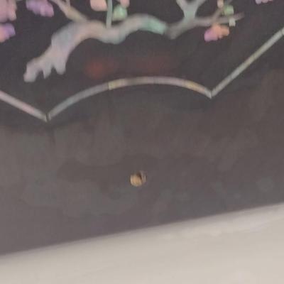 Sale Photo Thumbnail #576: Antique Chinese Wooden Storage Box with Mother of Pearl Inlay- Approx 17 1/2" x  8 3/4" x 16" Tall.  Back is drilled for possible wall hanging.  One foot/leg needs repair- please see all pictures for condition.