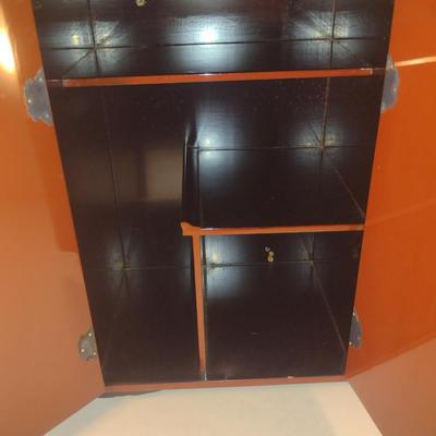 Sale Photo Thumbnail #567: Antique Chinese Wooden Storage Box with Mother of Pearl Inlay- Approx 17 1/2" x  8 3/4" x 16" Tall.  Back is drilled for possible wall hanging.  One foot/leg needs repair- please see all pictures for condition.