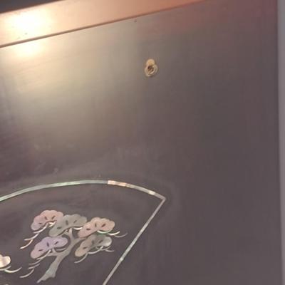 Sale Photo Thumbnail #575: Antique Chinese Wooden Storage Box with Mother of Pearl Inlay- Approx 17 1/2" x  8 3/4" x 16" Tall.  Back is drilled for possible wall hanging.  One foot/leg needs repair- please see all pictures for condition.