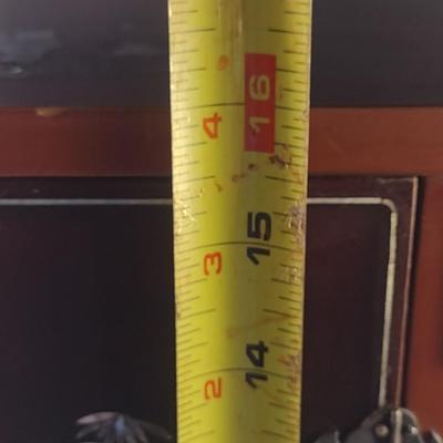 Sale Photo Thumbnail #580: Antique Chinese Wooden Storage Box with Mother of Pearl Inlay- Approx 17 1/2" x  8 3/4" x 16" Tall.  Back is drilled for possible wall hanging.  One foot/leg needs repair- please see all pictures for condition.