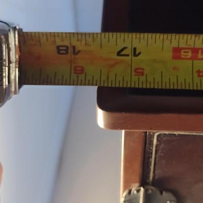 Sale Photo Thumbnail #578: Antique Chinese Wooden Storage Box with Mother of Pearl Inlay- Approx 17 1/2" x  8 3/4" x 16" Tall.  Back is drilled for possible wall hanging.  One foot/leg needs repair- please see all pictures for condition.