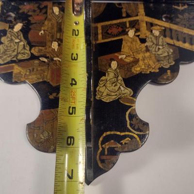 Sale Photo Thumbnail #590: Vintage Folding Chinoiserie Lacquered Wall Shelf with Painted Chinese Design- Approx 9 3/4" Wide