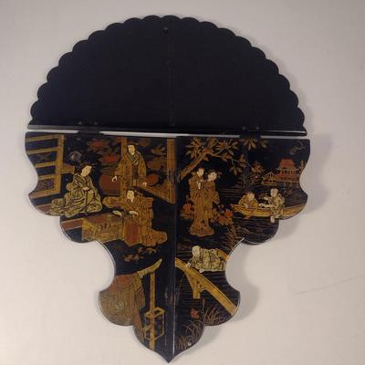 Sale Photo Thumbnail #582: Vintage Folding Chinoiserie Lacquered Wall Shelf with Painted Chinese Design- Approx 9 3/4" Wide