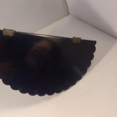 Sale Photo Thumbnail #585: Vintage Folding Chinoiserie Lacquered Wall Shelf with Painted Chinese Design- Approx 9 3/4" Wide