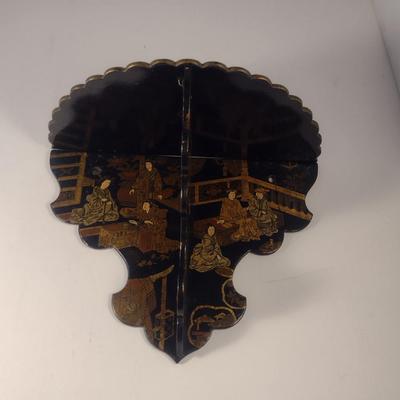 Sale Photo Thumbnail #584: Vintage Folding Chinoiserie Lacquered Wall Shelf with Painted Chinese Design- Approx 9 3/4" Wide