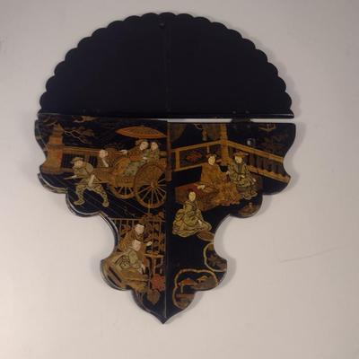 Sale Photo Thumbnail #583: Vintage Folding Chinoiserie Lacquered Wall Shelf with Painted Chinese Design- Approx 9 3/4" Wide