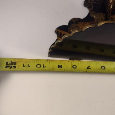 Sale Photo Thumbnail #588: Vintage Folding Chinoiserie Lacquered Wall Shelf with Painted Chinese Design- Approx 9 3/4" Wide
