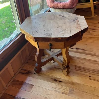 Sale Photo Thumbnail #3: Pine Octagonal Side Table with Four Drawers
Approximately  23"X22"