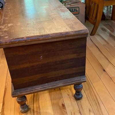 Sale Photo Thumbnail #18: Lakeside Craft Shops Cedar Chest  Sheboygan, Wi
Veneer Peeling on the lid..  Hinge needs to be reattached on the right inside
Approximately 40"X18"X21