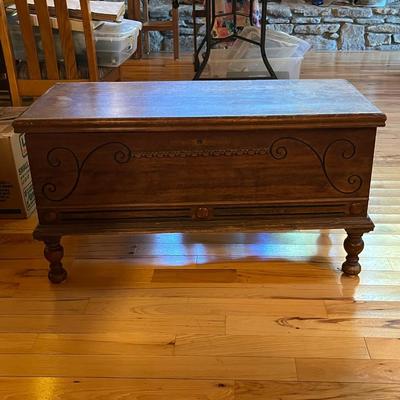 Sale Photo Thumbnail #20: Lakeside Craft Shops Cedar Chest  Sheboygan, Wi
Veneer Peeling on the lid..  Hinge needs to be reattached on the right inside
Approximately 40"X18"X21