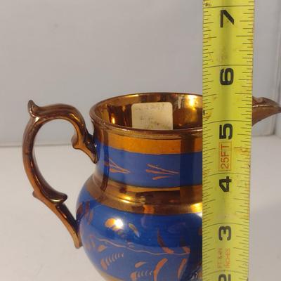 Sale Photo Thumbnail #597: Vintage English Lusterware Pitcher- Copper Color with Blue Bands- Approx 5" Tall