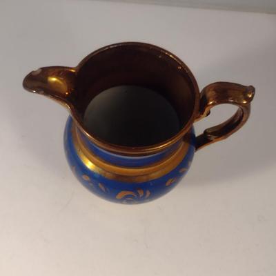 Sale Photo Thumbnail #592: Vintage English Lusterware Pitcher- Copper Color with Blue Bands- Approx 5" Tall