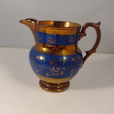 Sale Photo Thumbnail #591: Vintage English Lusterware Pitcher- Copper Color with Blue Bands- Approx 5" Tall