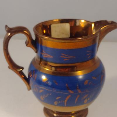Sale Photo Thumbnail #594: Vintage English Lusterware Pitcher- Copper Color with Blue Bands- Approx 5" Tall